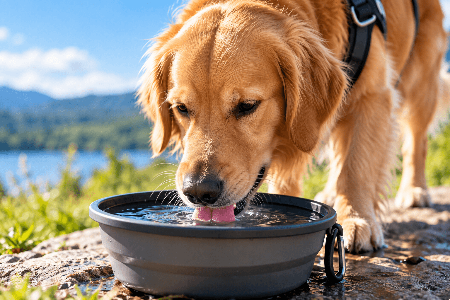 Golden retriever drinking fresh water outdoors on a sunny day