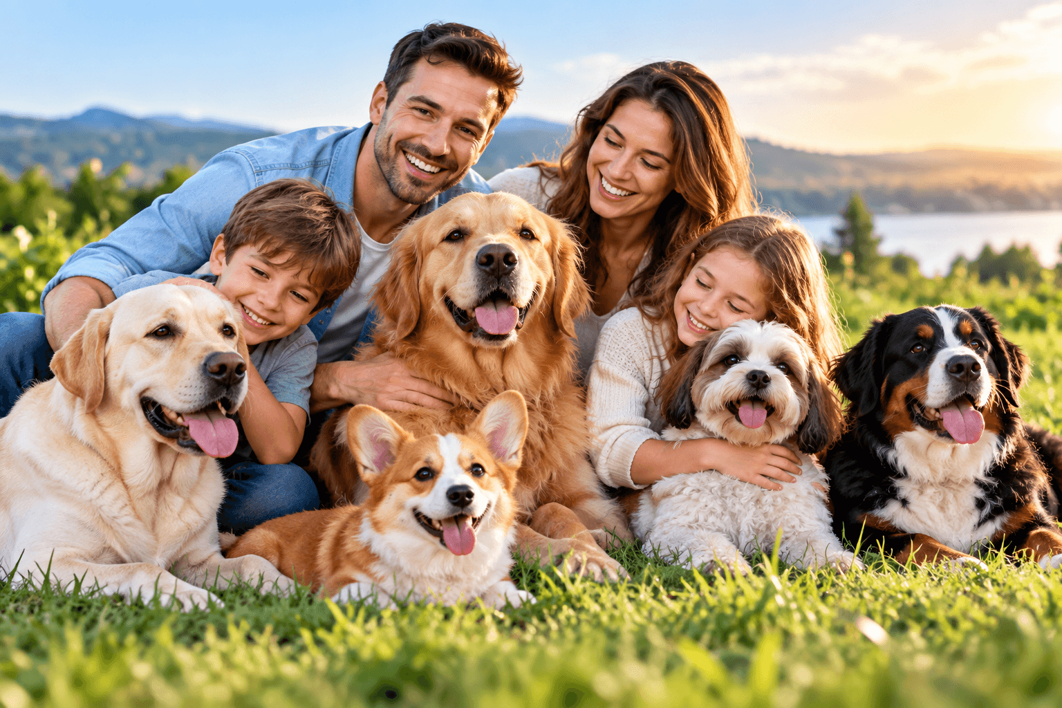 Happy family with a golden retriever outdoors