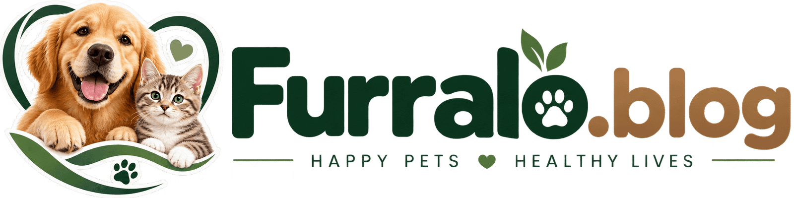 Furralo.blog logo featuring a dog and cat with green leaf and paw elements